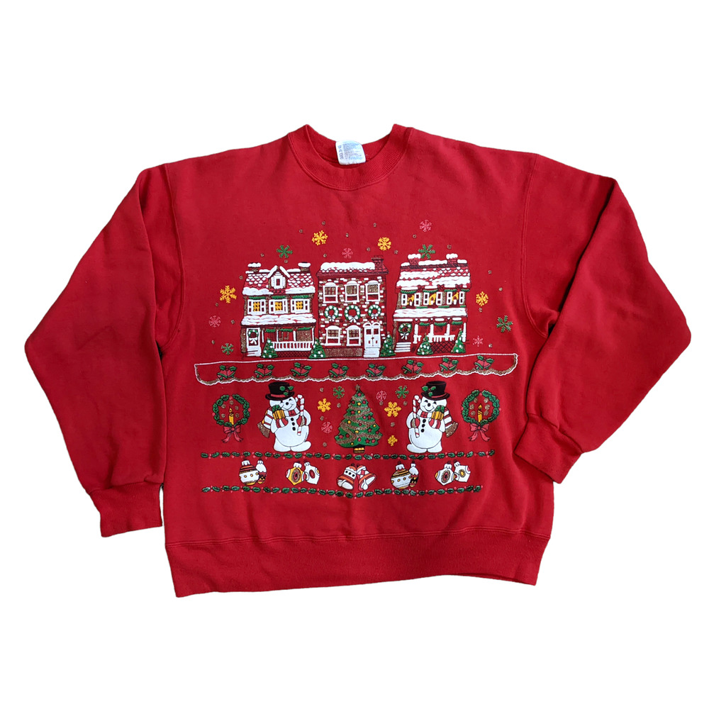 Vintage Christmas Sweater,‎ 80s 90s Red Crewneck w Glitter Pullover, Size Large